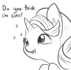 Size: 701x692 | Tagged: safe, artist:tjpones, starlight glimmer, pony, unicorn, bronybait, bust, cute, dialogue, glimmerbetes, grayscale, monochrome, portrait, simple background, smiling, solo, sparkles, white background