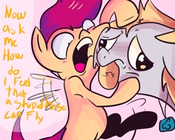 Size: 1280x1024 | Tagged: safe, artist:spanish-scoot, derpy hooves, scootaloo, pegasus, pony, female, mare, preguntascootaloo