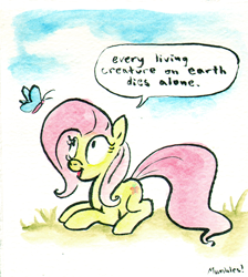 Size: 518x577 | Tagged: safe, artist:mumbles, fluttershy, butterfly, pegasus, pony, prone, smiling, solo, speech bubble