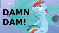 Size: 1264x708 | Tagged: safe, derpibooru import, edit, edited screencap, screencap, rainbow dash, pegasus, pony, the mysterious mare do well, dam, meme, pun, solo, vulgar