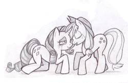 Size: 500x324 | Tagged: safe, artist:destiny-shiva, applejack, rarity, earth pony, pony, unicorn, female, lesbian, monochrome, rarijack, shipping, simple background