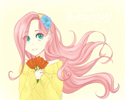 Size: 893x718 | Tagged: safe, artist:sonicat62, fluttershy, human, bust, clothes, cute, eye clipping through hair, female, flower, humanized, shyabetes, solo, sweater, sweatershy