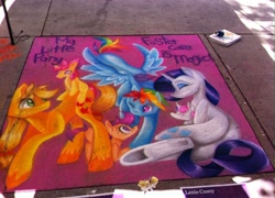 Size: 1600x1149 | Tagged: source needed, safe, artist:lexie casey, derpibooru import, apple bloom, applejack, derpy hooves, rainbow dash, rarity, scootaloo, sweetie belle, earth pony, pegasus, pony, unicorn, 2014, chalk, chalk art festival, chalk drawing, cutie mark crusaders, female, festival, mare, ponies riding ponies, scootalove, street art, toy, traditional art, underhoof, wink