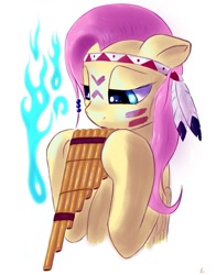 Size: 785x1000 | Tagged: safe, artist:hieronymuswhite, fluttershy, pegasus, pony, fire, fluttersquaw, indian, musical instrument, native american, pan flute, solo