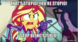 Size: 800x429 | Tagged: safe, edit, edited screencap, screencap, sci-twi, sunset shimmer, twilight sparkle, equestria girls, friendship games, caption, dragonball z abridged, frieza, image macro, meme, sunset yells at twilight