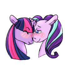 Size: 600x600 | Tagged: safe, artist:pastelbob, starlight glimmer, twilight sparkle, pony, blushing, bust, cuddling, eyes closed, female, lesbian, shipping, simple background, transparent background, twistarlight