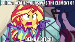 Size: 960x540 | Tagged: safe, edit, edited screencap, screencap, sci-twi, sunset shimmer, twilight sparkle, equestria girls, caption, digimon adventure tri abridged, image macro, meme, sunset yells at twilight, vulgar