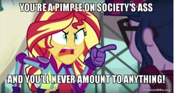 Size: 800x429 | Tagged: safe, edit, edited screencap, screencap, sci-twi, sunset shimmer, twilight sparkle, equestria girls, friendship games, caption, futurama, image macro, makeameme.org, meme, sunset yells at twilight, vulgar, watermark