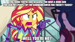 Size: 888x499 | Tagged: safe, edit, edited screencap, screencap, sci-twi, sunset shimmer, twilight sparkle, equestria girls, friendship games, caption, exploitable meme, godspeed you! black emperor, image macro, meme, slow riot for new zerø kanada, song reference, sunset yells at twilight, vulgar