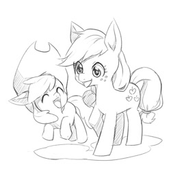 Size: 850x850 | Tagged: safe, artist:nicowaha, apple bloom, applejack, earth pony, pony, accessory swap, grayscale, monochrome, simple background, white background