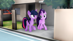 Size: 640x360 | Tagged: safe, artist:mmdkawaiiglimmery, starlight glimmer, twilight sparkle, twilight sparkle (alicorn), alicorn, pony, 3d, car, house, mmd, subaru, subaru impreza, walking