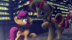 Size: 1920x1080 | Tagged: safe, artist:shadamyfan4evers, roseluck, scootaloo, sunset shimmer, pony, 3d, crack shipping, female, filly, flower, flower in mouth, lesbian, mare, mouth hold, rose, scootaset, shipping, source filmmaker, the cmc's cutie marks