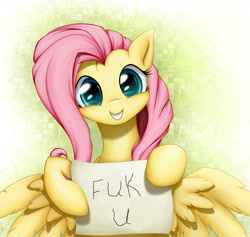 Size: 1600x1516 | Tagged: safe, artist:xn-d, edit, fluttershy, pegasus, pony, cute, exploitable, fuk, grin, looking at you, note, paper, sign, smiling, solo, spread wings, squee, text, vulgar
