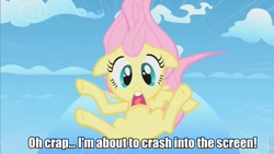 Size: 853x480 | Tagged: safe, fluttershy, pegasus, pony, female, filly, image macro, pink mane, solo, wings, yellow coat, young