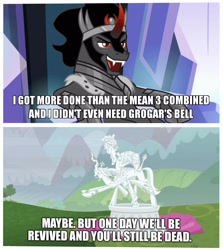 Size: 2893x3237 | Tagged: safe, edit, edited screencap, screencap, cozy glow, king sombra, lord tirek, queen chrysalis, changeling, changeling queen, pegasus, pony, unicorn, the ending of the end, caption, image macro, legion of doom, legion of doom statue, petrification, text