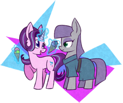 Size: 1024x864 | Tagged: safe, artist:woollily, maud pie, starlight glimmer, earth pony, pony, unicorn, cute, duo, food, glimmerbetes, glowing horn, ice cream