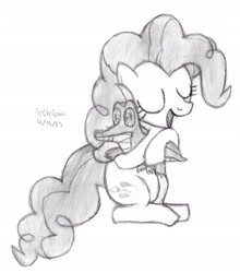 Size: 2212x2514 | Tagged: safe, artist:drchrisman, gummy, pinkie pie, earth pony, pony, hug, monochrome