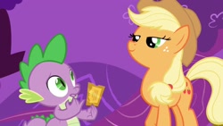 Size: 1920x1080 | Tagged: dead source, safe, screencap, applejack, spike, dragon, earth pony, pony, season 1, the ticket master, gala ticket, out of context, smug, ticket