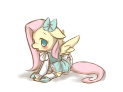 Size: 800x600 | Tagged: safe, artist:lovewolf5122, artist:wolfwings, fluttershy, pegasus, pony, blushing, bow, clothes, cute, dress, female, floppy ears, hair bow, mare, no pupils, pixiv, shyabetes, simple background, sitting, solo, white background