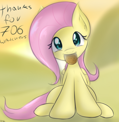 Size: 1500x1542 | Tagged: safe, artist:freefraq, fluttershy, pegasus, pony, cookie, cute, mouth hold, shyabetes, solo