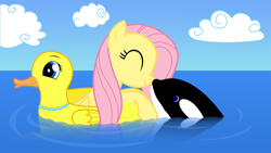 Size: 1920x1080 | Tagged: safe, artist:galekz, fluttershy, orca, pegasus, pony, whale, boop, cute, eyes closed, floating, floaty, nose wrinkle, noseboop, ocean, smiling, swimming, wallpaper, water