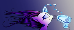 Size: 2500x1033 | Tagged: safe, artist:meatmcfist, rarity, pony, unicorn, hair dryer, magic, solo