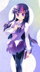 Size: 520x932 | Tagged: safe, artist:sweetsound, derpibooru import, twilight sparkle, human, book, clothes, cute, humanized, looking at you, pantyhose, pixiv, school uniform, skirt, solo, sweater vest, twiabetes