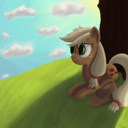 Size: 1000x1000 | Tagged: safe, artist:alorpax, applejack, earth pony, pony, cloud, cloudy, grass, tree