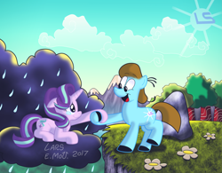 Size: 3549x2774 | Tagged: safe, artist:lars99, starlight glimmer, oc, earth pony, pony, unicorn, cloud, crying, holding hooves, rain