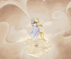 Size: 962x795 | Tagged: safe, artist:yeendip, derpy hooves, pegasus, pony, action pose, female, flying, goggles, mare, mask, sandstorm, solo