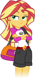 Size: 3380x7570 | Tagged: safe, artist:mewtwo-ex, sunset shimmer, equestria girls, legend of everfree, absurd resolution, clothes, crossed arms, duffle bag, raised eyebrow, shorts, simple background, smirk, smug, smugset shimmer, solo, transparent background, vector