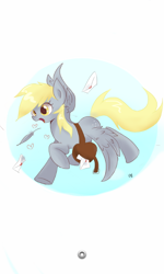 Size: 480x800 | Tagged: safe, artist:kubota, derpy hooves, pegasus, pony, bag, female, flying, letter, mail, mailbag, mailmare, mailpony, mare, pixiv, solo