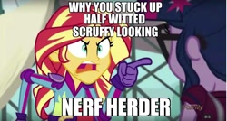 Size: 1280x687 | Tagged: safe, edit, edited screencap, screencap, sci-twi, sunset shimmer, twilight sparkle, equestria girls, friendship games, angry, caption, family guy, image macro, meme, pointing, star wars, sunset yells at twilight, this might end in pain