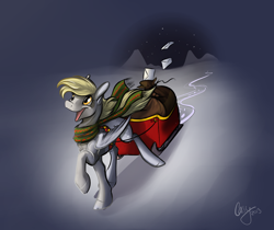 Size: 1280x1073 | Tagged: safe, artist:casynuf, derpy hooves, pegasus, pony, clothes, female, mail, mare, scarf, sleigh, snow, solo