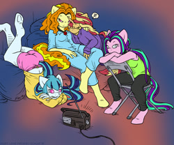 Size: 1100x915 | Tagged: safe, artist:kaemantis, adagio dazzle, aria blaze, sonata dusk, sunset shimmer, anthro, unicorn, bone, cat ears, cute, eyes closed, female, lesbian, mare, ponies eating meat, ponified, radio, shimmerbetes, shipping, sleeping, sonata donk, sunsagio, sunset shimmer gets all the dazzlings, tape, the dazzlings