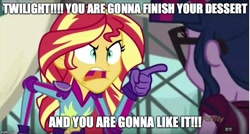 Size: 931x500 | Tagged: safe, edit, edited screencap, screencap, sci-twi, sunset shimmer, twilight sparkle, equestria girls, friendship games, dying for pie, image macro, meme, spongebob squarepants, sunset yells at twilight