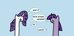 Size: 1024x498 | Tagged: safe, artist:wollap, derpibooru import, rarity, twilight sparkle, pony, unicorn, dialogue, dot eyes, ms paint, speech bubble, stylistic suck