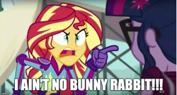 Size: 931x500 | Tagged: safe, edit, edited screencap, screencap, sci-twi, sunset shimmer, twilight sparkle, equestria girls, friendship games, caption, daffy duck, image macro, looney tunes, meme, sunset yells at twilight, the abominable snow rabbit