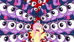 Size: 800x450 | Tagged: safe, derpibooru import, edit, edited screencap, screencap, fluttershy, twilight sparkle, pegasus, pony, hurricane fluttershy, nightmare fuel, special eyes