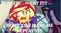 Size: 1280x687 | Tagged: safe, edit, edited screencap, screencap, sci-twi, sunset shimmer, twilight sparkle, equestria girls, friendship games, angry, discovery family logo, exploitable meme, image macro, meme, pointing, song reference, sunset yells at twilight, weird al yankovic