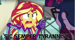 Size: 1280x687 | Tagged: safe, edit, edited screencap, screencap, sci-twi, sunset shimmer, twilight sparkle, equestria girls, friendship games, angry, discovery family logo, exploitable meme, gun, image macro, john wilkes booth, meme, sic semper tyrannis, sunset yells at twilight, weapon