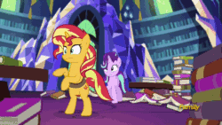 Size: 960x540 | Tagged: safe, edit, edited screencap, screencap, starlight glimmer, sunset shimmer, pony, unicorn, equestria girls, mirror magic, spoiler:eqg specials, anatomically incorrect, animated, bipedal, book, breath, caption, cute, duo, female, gif, grimace, hooves on hips, in the human world for too long, incorrect leg anatomy, it happened, library, mare, pawing the ground, portal, raised eyebrow, raised hoof, shimmerbetes, text, twilight's castle, twilight's castle library, weirded out