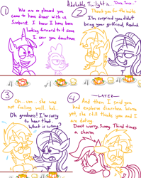 Size: 1280x1611 | Tagged: safe, artist:adorkabletwilightandfriends, roseluck, spike, starlight glimmer, sunburst, twilight sparkle, dragon, pony, unicorn, comic:adorkable twilight and friends, adorkable twilight, comic, dialogue, food, lineart, muffin, pepper, simple background, slice of life