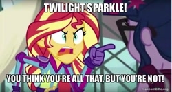 Size: 800x429 | Tagged: safe, edit, edited screencap, screencap, sci-twi, sunset shimmer, twilight sparkle, equestria girls, friendship games, caption, image macro, kim possible, meme, sunset yells at twilight