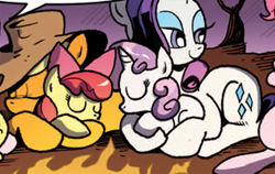 Size: 296x187 | Tagged: safe, artist:andypriceart, idw, apple bloom, applejack, rarity, sweetie belle, earth pony, pony, unicorn, spoiler:comic04, adorabloom, applelove, best sisters, cropped, cute, diasweetes, eyeshadow, jackabetes, official comic, raribetes, sleeping, snuggling, sweet dreams fuel, sweetielove