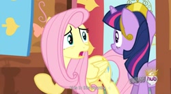 Size: 1569x867 | Tagged: safe, derpibooru import, screencap, fluttershy, twilight sparkle, pegasus, pony, magical mystery cure, big crown thingy, youtube caption, youtube link