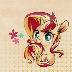 Size: 530x530 | Tagged: safe, artist:phyllismi, sunset shimmer, pony, unicorn, chibi, cute, female, mare, shimmerbetes, solo, tail bite, weapons-grade cute