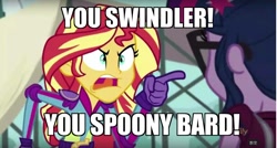 Size: 1280x687 | Tagged: safe, edit, edited screencap, screencap, sci-twi, sunset shimmer, twilight sparkle, equestria girls, friendship games, angry, final fantasy iv, image macro, meme, pointing, spoony, spoony bard, sunset yells at twilight