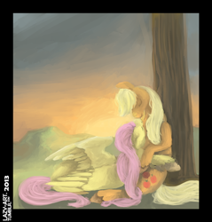 Size: 500x523 | Tagged: safe, artist:weepysheep, applejack, fluttershy, earth pony, pegasus, pony, appleshy, female, lesbian, missing accessory, request, shipping, sunset, tree, unshorn fetlocks