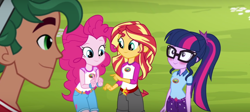 Size: 1250x562 | Tagged: safe, screencap, pinkie pie, sci-twi, sunset shimmer, timber spruce, twilight sparkle, equestria girls, legend of everfree, blushing, cute, female, male, ponytail, shipping, straight, timbertwi, twiabetes